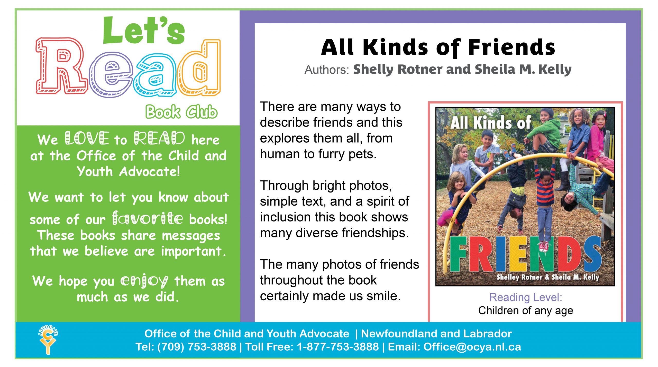 All Kinds of Friends, by Shelly Rotner and Sheila M. Kelly. There are many ways to describe friends and this explores them all, from human to furry pets. Through bright photos, simple text, and a spirit of inclusion this book shows many diverse friendships. The many photos of friends throughout the book made us smile.