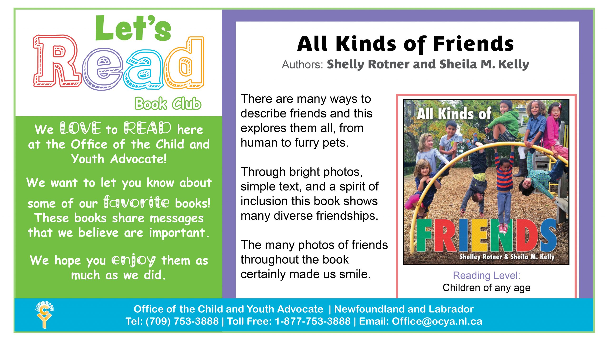 All Kinds of Friends, by Shelly Rotner and Sheila M. Kelly. There are many ways to describe friends and this explores them all, from human to furry pets. Through bright photos, simple text, and a spirit of inclusion this book shows many diverse friendships. The many photos of friends throughout the book made us smile.